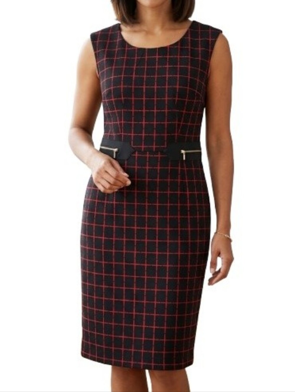 Emma & Michele Sheath Dress Black Red Windowpane Checkered Plaid Zipper Accent